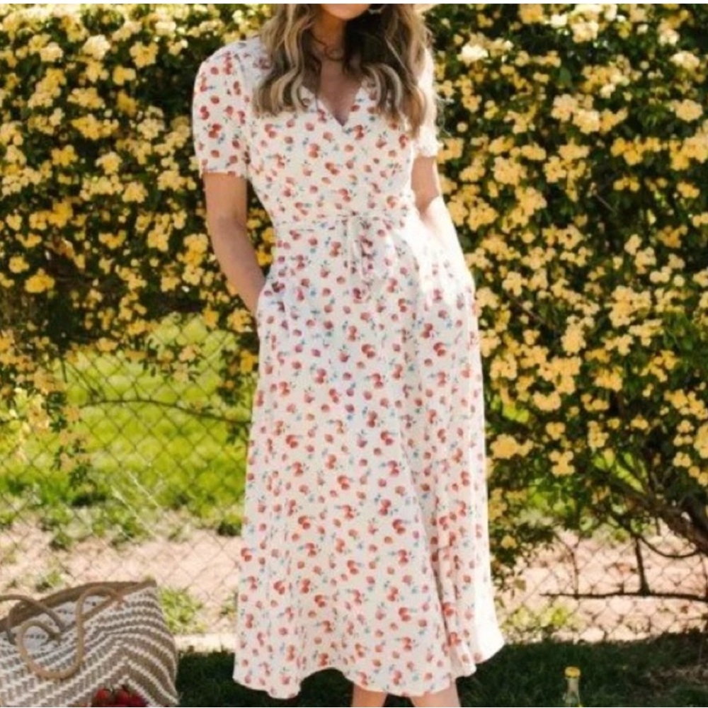 NWT- Ivy City Co Ivory, Blue & Red Strawberry Print Wrap Dress.